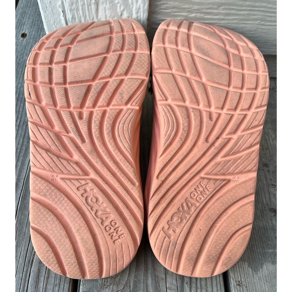 Hoka One One Ora Women's 11 Men's 9 Recovery Slides Amber Yellow/Shell Coral - Picture 12 of 15